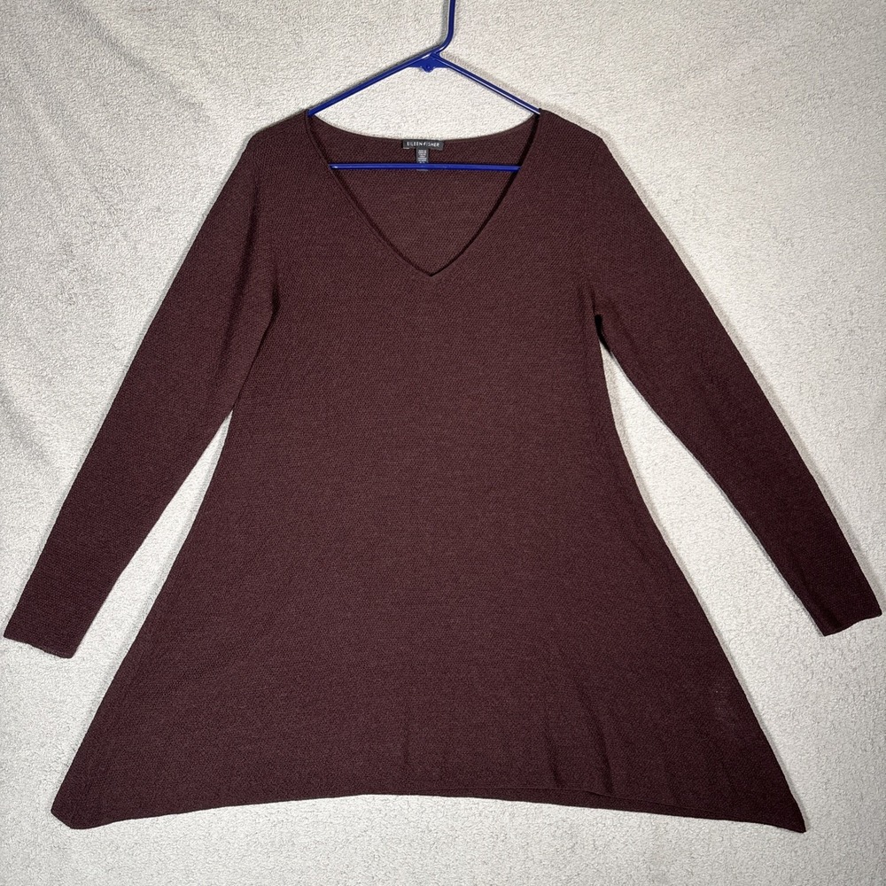 Eileen Fisher Womens XS Wool V-Neck A-Line Tunic Sweater Burgundy Sharkbite Hem